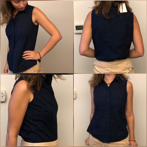 croft & barrow Tops - Sleeveless Button Down Shirt, Navy Blue
